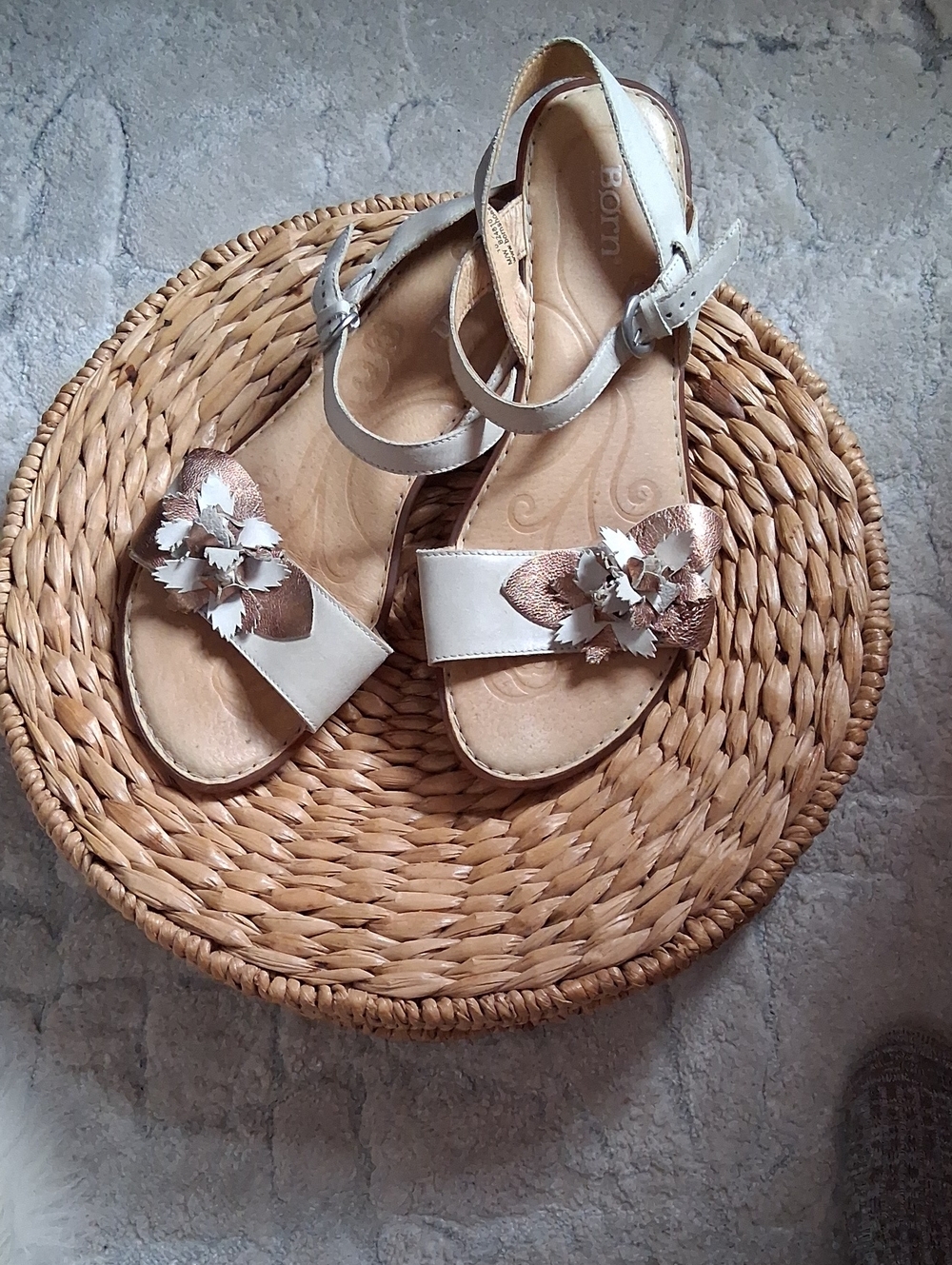 Born White Sandals with Rose Gold Floral Accents